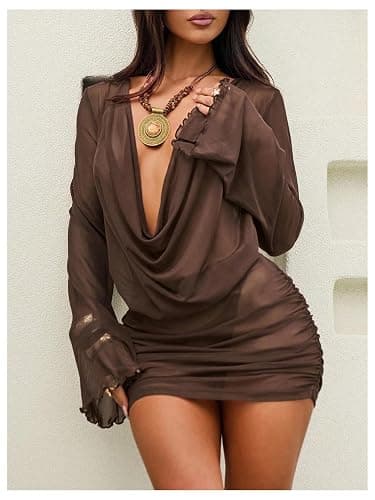 SOLY HUX Women's Summer Sheer Mesh Beach Mini Dress Draped Deep V Neck Bell Sleeve Swimsuit Cover Up Beachwear thumbnail 3