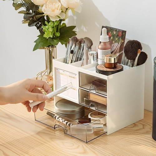 QIYVLOS Desk Organizer with 3 Drawer, Multi-Functional Pencil Pen Holder for Desk, Desk Organizers and Storage with 8 Compartments, Desktop Organizer for Office Home Art Supplies (White) thumbnail 2