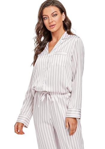 Serenedelicacy Women's Satin Pajama Set Long Sleeve Button Down Sleepwear 2-Piece Silky Pj Set thumbnail 6