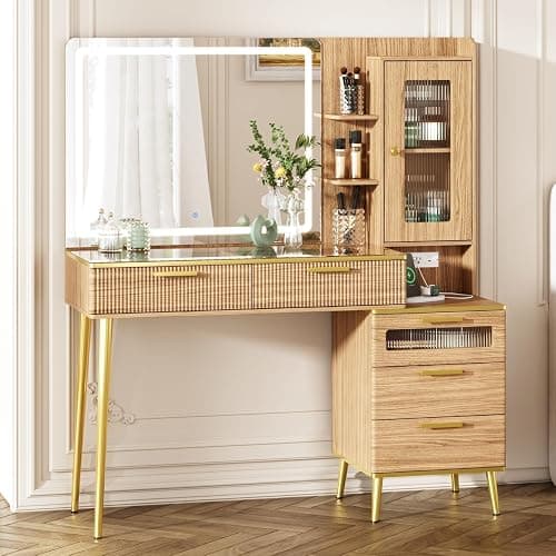 Chrangmay 47.24" Big Modern Vanity Desk with Mirror and Lights,Makeup Vanity Desk with 5 Drawers and Storage Shelves & Power Outlet,Dressing Table with Glass Top, Oak - Image 1