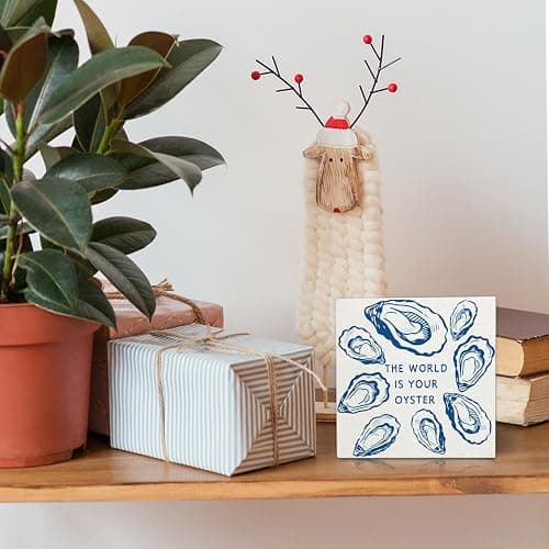 OVAcational Coastal Beach Oyster Wooden Box Sign Desk Decor, Ocean Room Decor, Nautical Oyster Shell Wood Block Sign for Beach House Bedroom Desk Table Shelf Wall Decorations, 5x5 Inch thumbnail 2