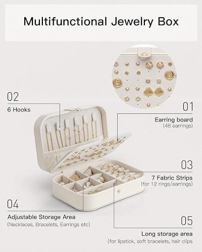 VLANDO Travel Jewelry Case for Women Girls, Gifts for Mother, PU Leather Small Jewelry Box for Rings, Necklaces, Bracelets, Earring Holder Organizer Storage for Travel Essentials - Beige thumbnail 6