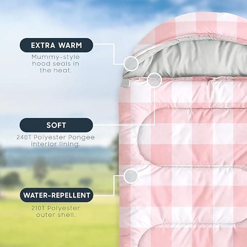 Wake In Cloud - Kids Sleeping Bag for Boys Girls Toddlers, Camping in Warm Cold Weather, Backpacking Lightweight Compact Outdoor Liner for 3 Seasons, Gingham Plaid thumbnail 3