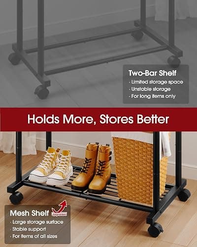 Sakugi Clothes Rack - Double Rods Clothing Rack with Mesh Shelf, Hooks & Wheels, Metal Clothing Racks for Hanging Clothes & Bags, Multifunctional Garment Rack for Laundry, Black, 28.7" x 16.5" x 59.1" thumbnail 7