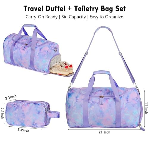 Vipdeal Purple Girls Duffle Bag for Travel, Kids Duffle Bag Large Weekender Overnight Bags with Kids Toiletry Bag Set Shoe Compartment Carry on, Tie Dye thumbnail 2