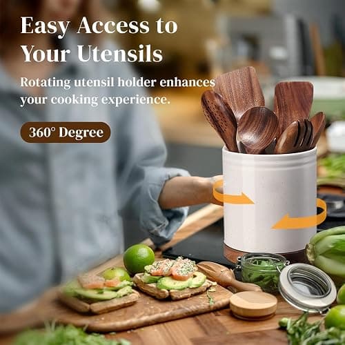 DOWAN 7.6" 360° Rotating Utensil Holder, Kitchen Utensil Holder for Countertop,Large Ceramic Utensil Crock for Kitchen Counter, Protection Cork Bottom, White thumbnail 4