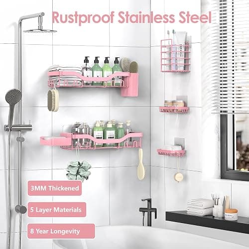 NESOMI Shower Caddy Adhesive Shower Organizer 7-Pack, Rustproof Stainless Steel Bathroom Shelves, Large Capacity No-Drill Rack Storage Accessories with Soap Dish Toothbrush Holder Hooks thumbnail 5