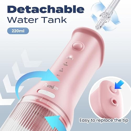 7AM2M Portable Cordless Water Flosser, Oral Irrigator with 3 Modes & 2 Tips, Fast Rechargeable, IPX7 Waterproof, Dental Water Flosser for Travel and Home Use (Pink) thumbnail 4