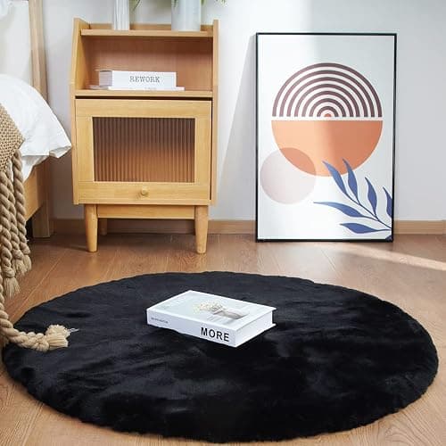 Ghouse Faux Rabbit Fur Round Rug 3ft Black Round Rugs for Bedroom Decor Fluffy Area Rugs for Living Room, no-Shedding Carpet Sheepskin Washable Rug Rome Decor - Image 1