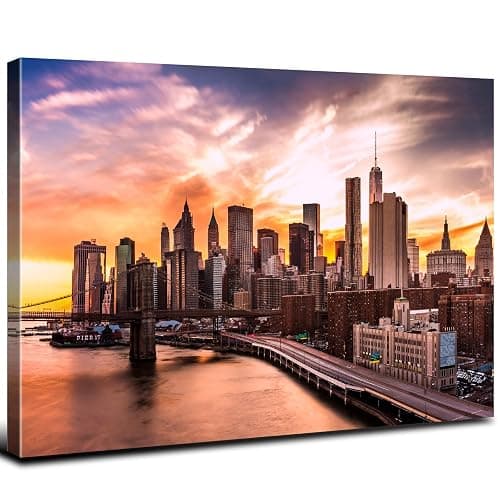 Extra Large New York City Wall Art Modern Cityscape Pictures Bedroom Wall Decor Sunset Panoramic Photo Canvas Poster Building Skyscraper Painting Artwork for Living Room Office Home Decorations 32x48” - Image 1