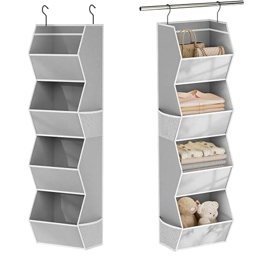 Hanging Closet Organizer 4 Shelf Collapsible Bedroom Closet Organizers and Storage Hanging with Mesh Pockets for Clothes, Fabric Hanging Storage Bins for Wardrobe Closet Organization and Storage, Grey - Image 1