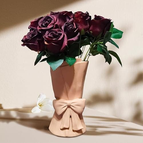 Relexome Beige Ceramic Bow Vase 9.64 in Unique Cute Modern Decorative Bouquet Flower Vases for Home Living Room Table Decor Women Girl Gifts thumbnail 8