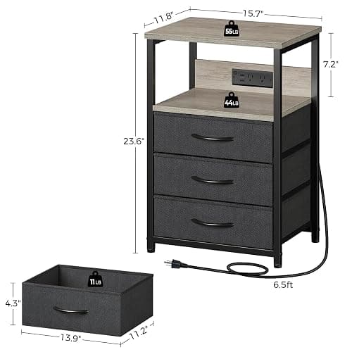 Seventable Nightstand with Charging Station and LED Light, Side Table with 3 Fabric Drawers, Bedside End Table with USB Ports and Outlets, Night Stand for Bedroom, Greige thumbnail 3