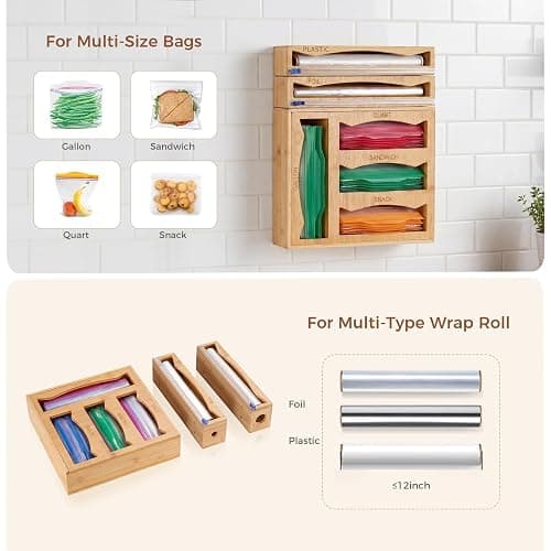 6-in-1 Bamboo Kitchen Drawer Organizer for Storage Bag, Foil & Plastic Wrap thumbnail 6