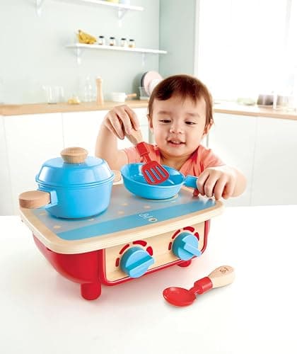 Hape Toddler Kitchen Set | Wooden 6 Piece Cooking Set, Pretend Kitchen Playset with Toy Stove, Frying Pan, Spoon, Spatula thumbnail 2