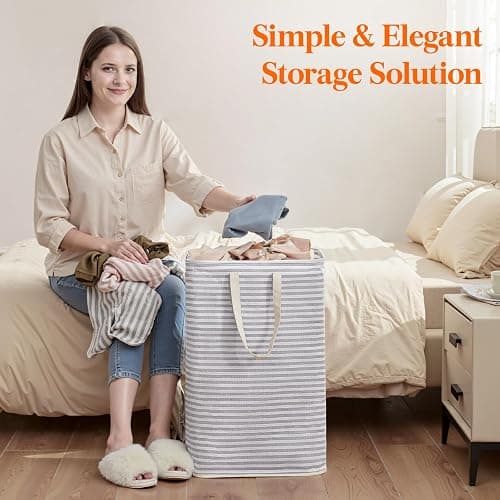Lifewit 75L Large Collapsible Laundry Hamper, Tall Foldable Dirty Clothes Baskets Waterproof, Freestanding Design with Easy Carry Handles in Dorm Bedroom Bathroom College, Grey thumbnail 9