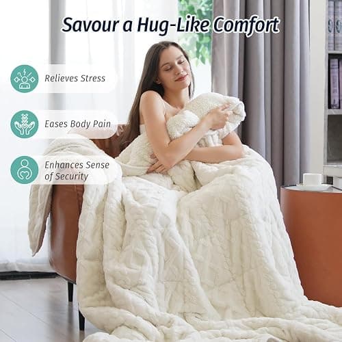 Wemore Weighted Blanket for Adults Twin Size 15 lbs, Dual Sided Soft Fuzzy Jacquard Sherpa Weighted Blankets for Sleeping, Cozy Fluffy Knitted Heavy Blanket for Couch Bed, Cream White, 60 x 80 inches thumbnail 4