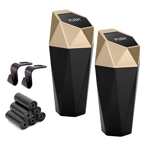 Ginsco Car Trash Can Cup Holder, 2 Pack Mini Car Trash Can with Lid, Car Accessories for Interior, Leakproof Small Trash Cup for Car, Home with Additional 2 ABS Hooks and 90pcs Trash Bags Golden - Image 1
