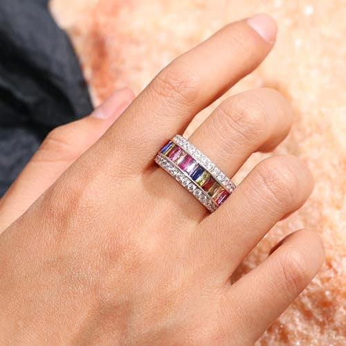 Hermosa Silver Ring for Women Wide, Multicolor Band Baguette Gemstone Rings, Silver Knuckle Women Rings Set Jewelry Size 6-12 thumbnail 2