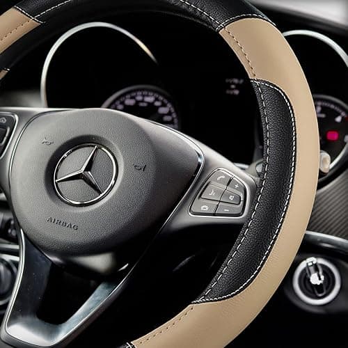 Leather Car Steering Wheel Cover, Non-Slip Car Wheel Cover Protector Breathable Microfiber Leather Universal Fit for Most Cars(Beige) thumbnail 2