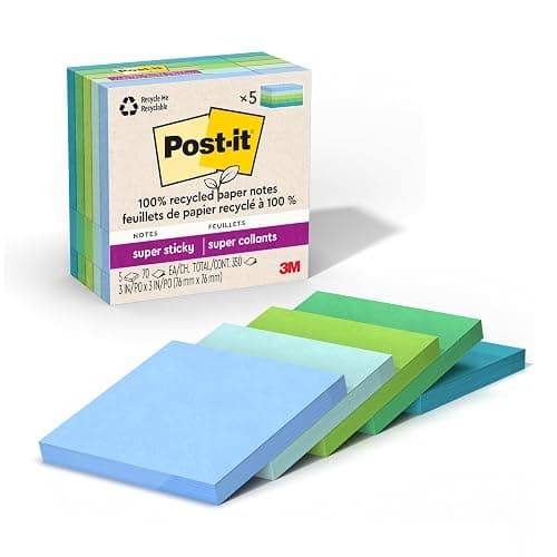Post-it 100% Recycled Paper Super Sticky Notes, 3 in. x 3 in., 5 Pads, 70 Sheets per Pad, Oasis Collection, School Supplies and Office Products - Image 1