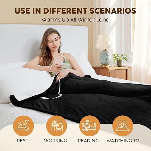 HYLEORY Heated Electric Blanket Throw 50"x60" Soft Fleece & Flannel with 5 Heating Levels & 3 Hours Timer Auto Shutt Off, ETL Certified, Washable，Heated Blanket for Body-Black thumbnail 5
