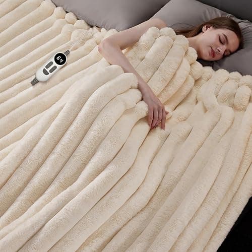HaloRest Heated Throw Blanket, Faux Fur Cozy Electric Blanket 50''*60'' | Heating Blanket with Overheat Protection, 1/2/3/4 Hours Auto-Off 6 Heat Levels, Machine Washable(Cream White) thumbnail 6