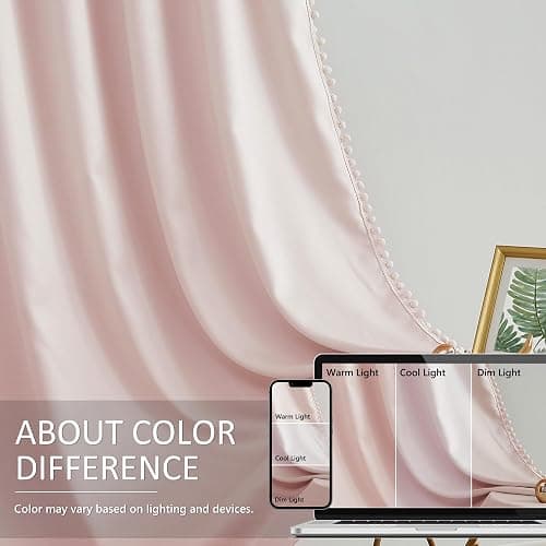 Treatmentex Pom-Pom Pink Half-Blackout Curtains 45'''' Short Window Curtain Set for Girls Baby Nursery Room Darkening Drapes 2 Panels Rod Pocket,Adult thumbnail 3