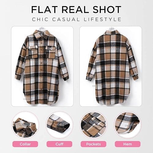 CHICZONE Womens Plaid Shacket Jacket Long Corduroy Shirt Casual Lapel Button Down Flannel Trench Coats thumbnail 4