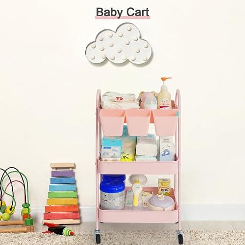 danpinera 3-Tier Rolling Cart, Utility Cart Mobile Metal Rolling Storage Cart with Lockable Wheels & Hanging Cups & Hooks for Kitchen, Bathroom, Office, Workshop, Pink thumbnail 9