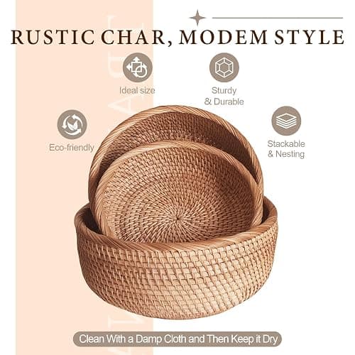 9.2" Medium Round Rattan Wicker Bread Basket, Natural Fruit Basket for Kitchen Counter, Hand Woven Food Baskets, Artisanal Bread Baskets for Serving, Fruit, Vegetable, Snack, key, Etc. thumbnail 6