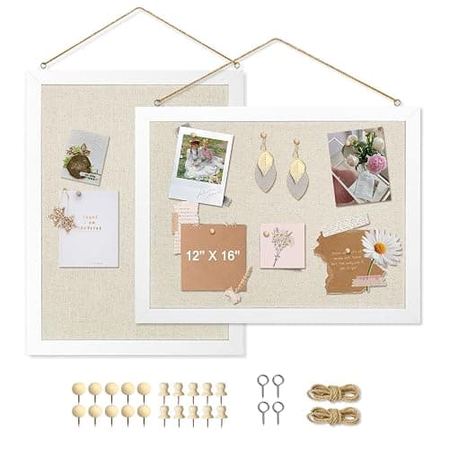 AMUSIGHT 2-Pack Double-Sided Cork Board with Linen, 16" x 12" Hanging Wood Framed Bulletin Board, Picture Display Vision Board Kit Corkboards for Wall School Office Decor, 20 Pushpins (Vintage White) - Image 1