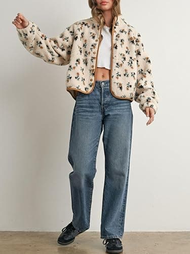 Joiemont Womens Floral Print Fluffy Fleece Jacket Snap Button Winter Teddy Fleece Jacket Casual Faux Fur Outwear thumbnail 6