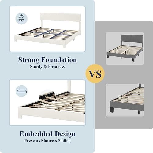 Allewie King Size Bed Frame with Adjustable Headboard, Faux Leather Platform Bed with Wood Slats, Heavy Duty Mattress Foundation, No Box Spring Needed, Noise-Free, Easy Assembly, White thumbnail 6