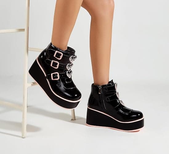 LUCKY STEP Women Platform Chunky Ankle Boots - Round Toe Zipper Wedges High Heels Rave Buckle Thick Sole Goth Booties thumbnail 7