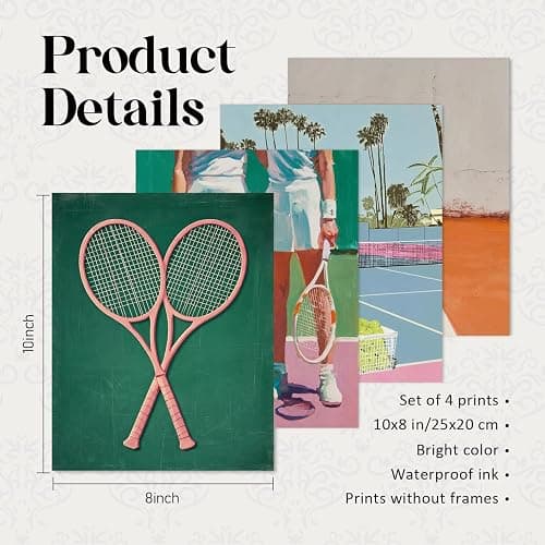 VONTP Tennis Wall Art Decor, 8x10 Inch Set of 4 (Unframed) | Tennis Sports Girly Modern Pastel Aesthetic Prints Posters Wall Decorations for Sports Girls Room Dorm Bedroom Club Gallery thumbnail 3