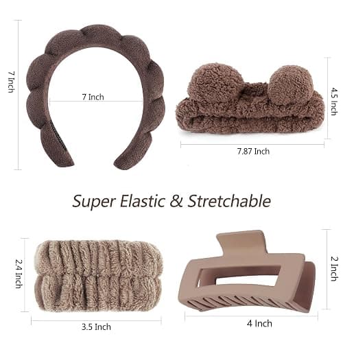 VELSCRUN Spa Headband, Makeup Face Wash Skincare Headbands, 5 Pcs Sponge Get Ready Bear Ears Hairband Facial Wristband Hair Clip Set, Stuff for Teen Girls Women Trendy Hair Accessories Dark Brown thumbnail 6