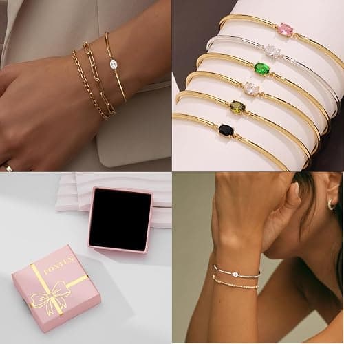 Poxtex Gold Bangle for Women, Dainty 14K Gold Silver Plated Bracelet Non Tarnish Waterproof Cute Trendy Simple Diamond Cubic Zirconia Bangle Bracelet Charm Jewelry.Gift for Mother's Day Christma Birthday Wedding thumbnail 6