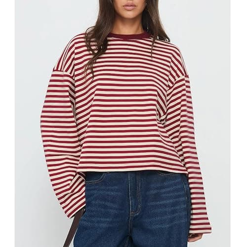 KOSUSANILL Women Oversized Striped Long Sleeve Shirt Crewneck Cropped Tops Drop Shoulder Y2K Preppy Sweatshirt Fall Clothes thumbnail 2