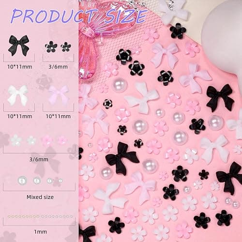3D Bow Nail Charms and Gems, Pink Black Bows Flower Nail Art Charms Alloy Bows for Nails, Mixed Nail Gems Rhinestones Bowknots Caviar Beads Charms for Nails DIY Nail Art Accessories thumbnail 3
