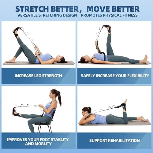 comness Foot and Calf Stretcher-Stretching Strap For Plantar Fasciitis, Heel Spurs, Foot Drop, Achilles Tendonitis & Hamstring. Yoga Foot & Leg Stretch Strap. (Black) thumbnail 4