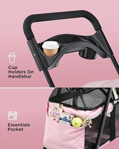 GTPLAYER Foldable Pet Stroller for Small Dogs and Cats, Holds Up to 33 lb, 4 Wheel, Full Mesh Ultra Breathable, Safety Tethers, Cup Holder & Poop Bags Included, Pink thumbnail 6