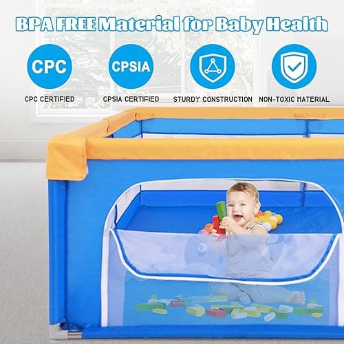 Arejonner Baby Playpen for Toddlers: 6.56x6.56 ft Kid-Safe Enclosed Play Yard | Non-Slip Base, Breathable Mesh - Easy-Portable for Indoor & Outdoor Baby Play Spaces - Blue thumbnail 6