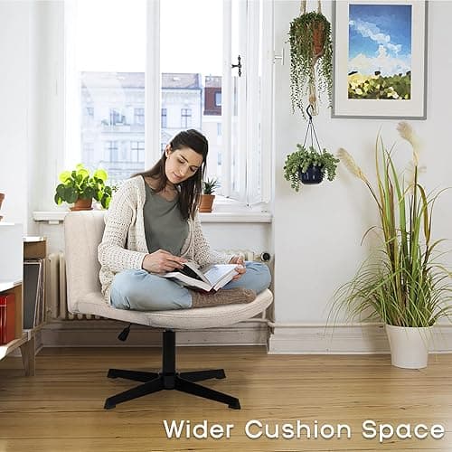 PUKAMI Criss Cross Chair,Comfy Cross Legged Office Desk Chair No Wheels,Modern Fabric Swivel Adjustable Height Mid Back Wide Seat for Home Office Computer Makeup Vanity Task(Beige) thumbnail 4
