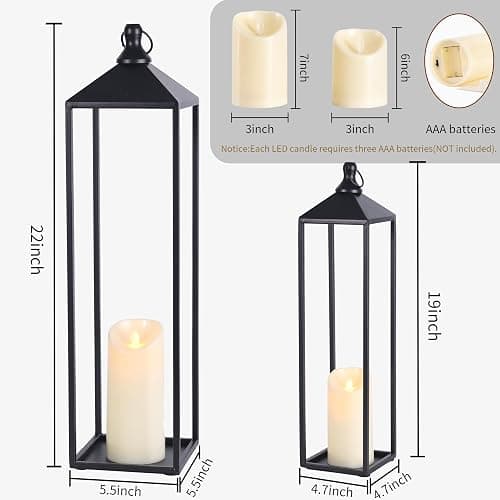 22'' 19'' Large Lanterns Decorative Outdoor Indoor, Set of 2 Black Metal Candle Lanterns Modern Farmhouse Floor Lanterns Decorative for Home Decor, Mantle, Fireplace, Patio, Porch, Garden thumbnail 2