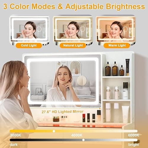 Cielozen Vanity Desk,Makeup Vanity Desk with Mirror and Lights,Transparent Top with LED Multiple Color Lights,Mirror 3 Color Modes 2 Drawers,Power Outlet,Dressing Table for Girls Bedroom,White thumbnail 5