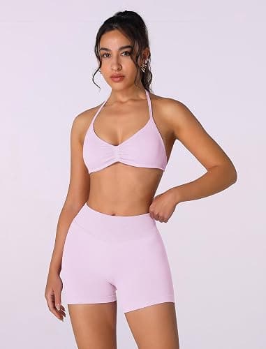 ABOCIW Womens Seamless Workout Sets 2 Piece Strappy Halter Sports Bra Scrunch Butt Shorts Gym Yoga Outfits thumbnail 3