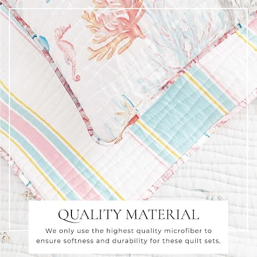 Great Bay Home 3-Piece Full/Queen Microfiber Quilt Set with Shams - Reversible Coastal Print, Lightweight, Layerable Bedding Set - Nautical Bedspread for All Seasons (Coral Reef) - Full / Queen - Coral Reef thumbnail 2