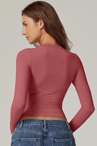 QINSEN Womens Crewneck Long Sleeve Shirt Double Lined Basic Tees Side Ruched Going Out Crop Tops thumbnail 2