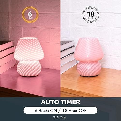 ULAROOM Battery Operated Mushroom Lamp-Cute Small Pink Aesthetic Table Lamp with Timer,Cordless Bedside Lamp for Girl Gifts,Glass Decorative Lamp for Bedroom/Entryway/Shelf/Desk Decor/Dorm/Office thumbnail 4
